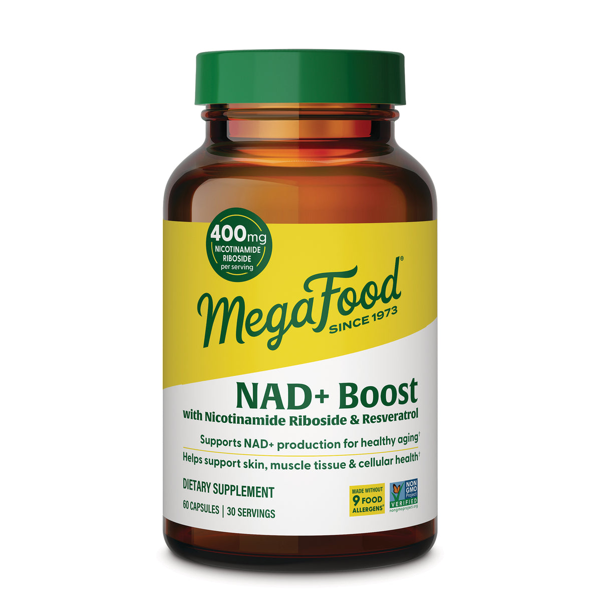 MGF150 | MegaFood NAD+ Boost supplement bottle front label showing 400mg Nicotinamide Riboside and product name