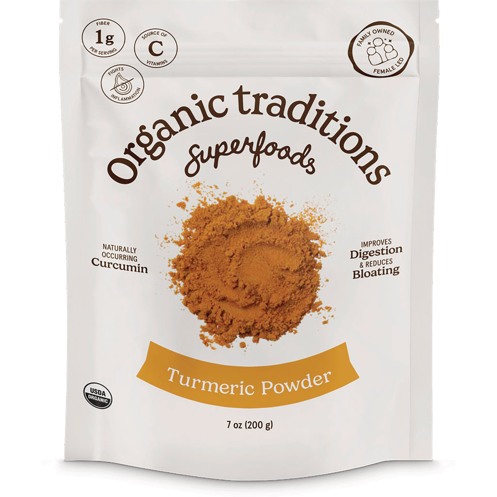 OTR069 | Organic Traditions Turmeric Powder 7 oz pouch front with a pile of turmeric powder - Thumbnail