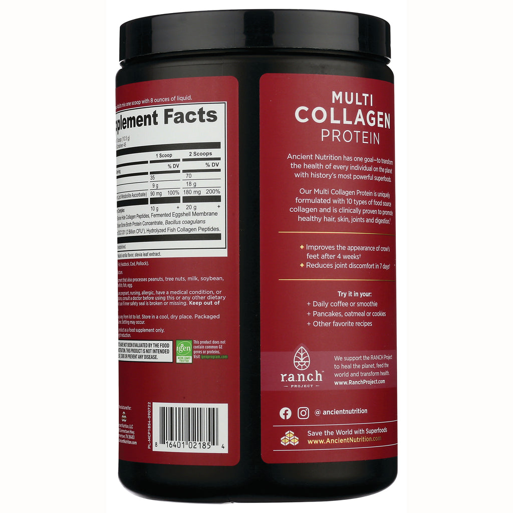ATN025 | Back label of Multi Collagen Protein tub showing supplement facts, usage suggestions, and barcode - Thumbnail