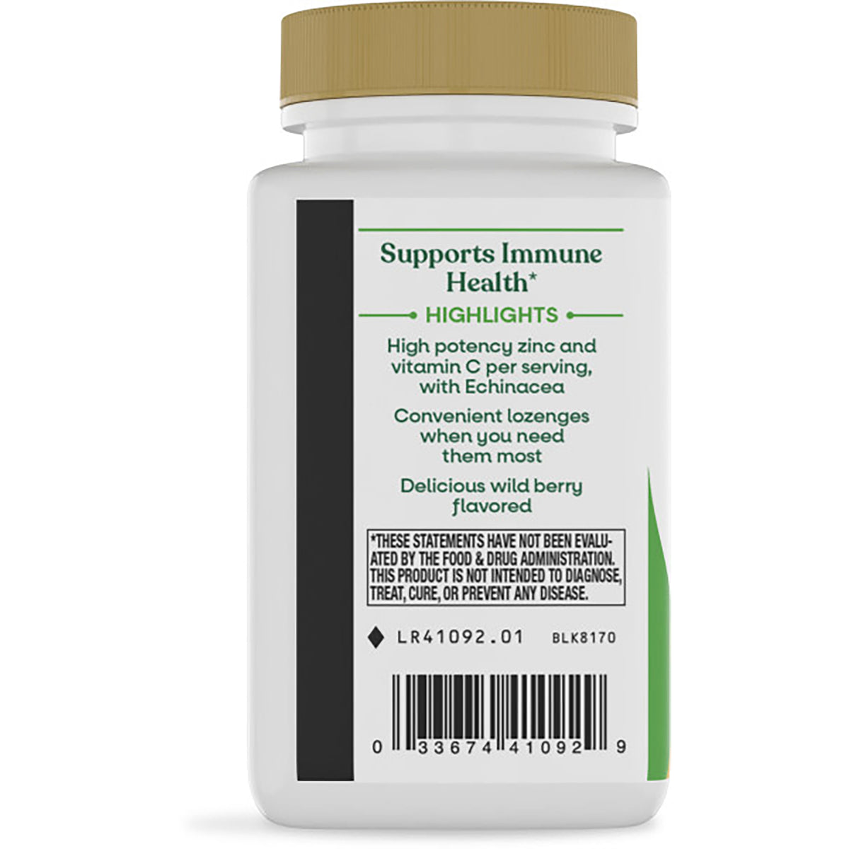 NW594 | Back label of white supplement bottle showing ingredients, warnings, contact info and vegan and recycling icons