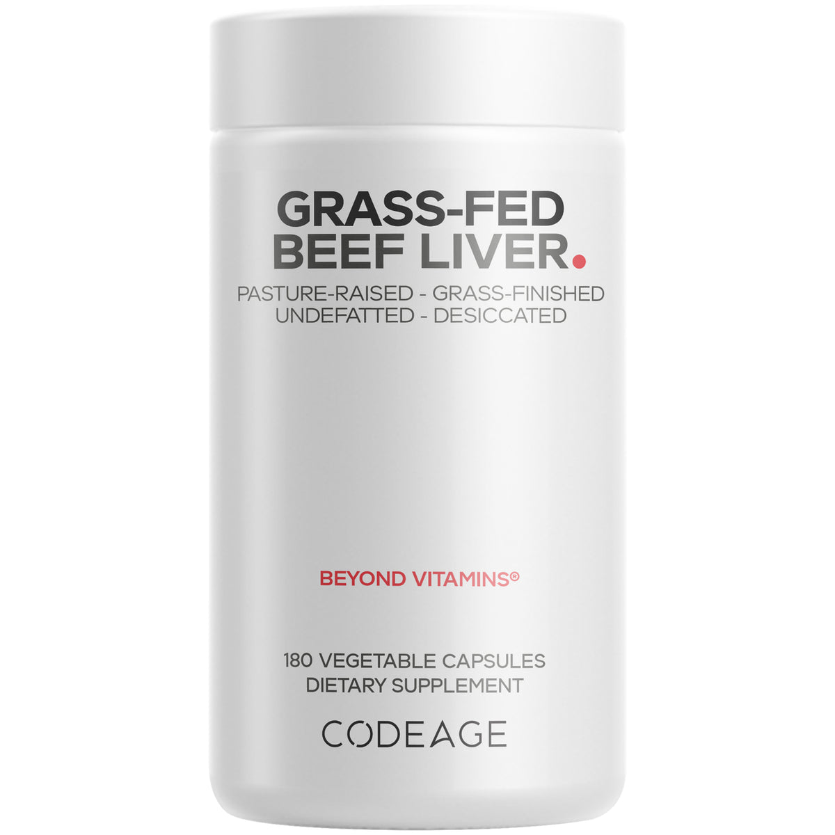 White supplement bottle labeled GRASS-FED BEEF LIVER; freeze-dried raw, 180 vegetable capsules, CODEAGE
