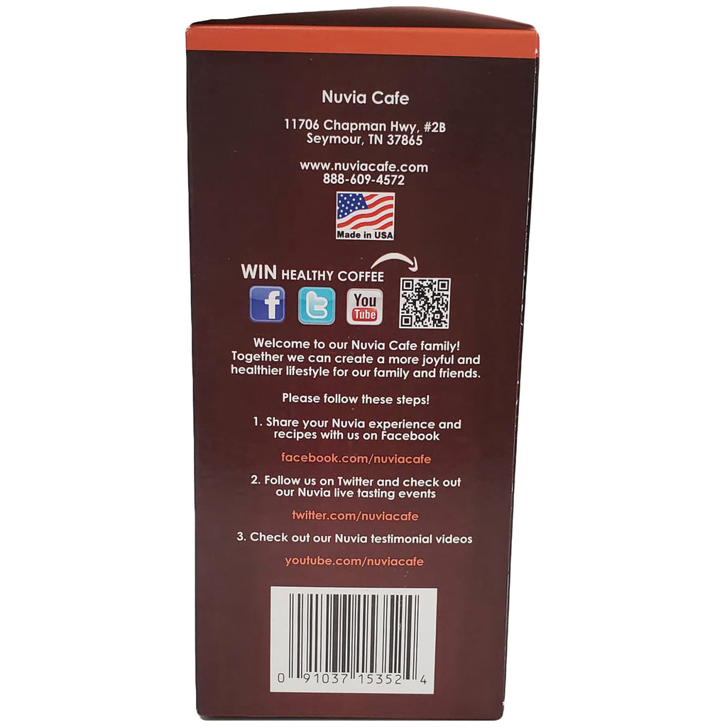 NVC002 | back panel of Nuvia Cafe coffee box showing address, social icons, QR code, instructions and barcode - Thumbnail
