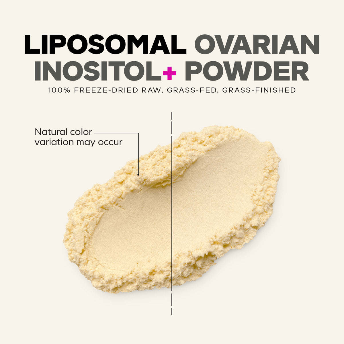 CDG064 | Liposomal ovarian inositol powder swatch with callout Natural color variation may occur