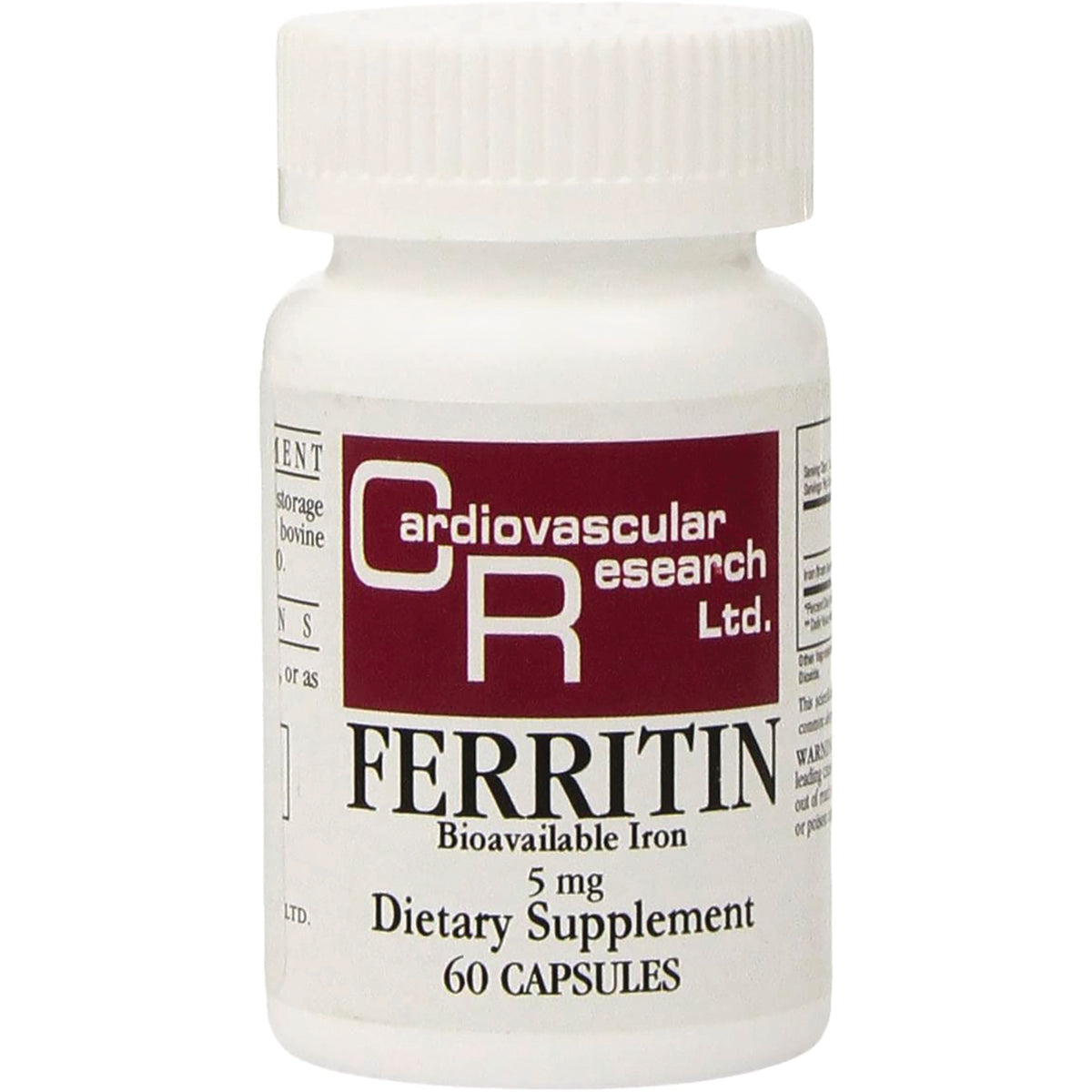 CRR012 | white supplement bottle labeled FERRITIN Bioavailable Iron 5 mg Dietary Supplement 60 CAPSULES