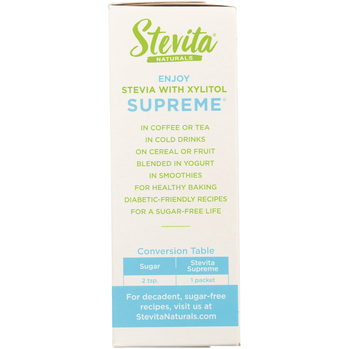 STV002 | Stevita Naturals Stevia with Xylitol Supreme usage ideas and conversion table (2 tsp sugar = 1 packet)