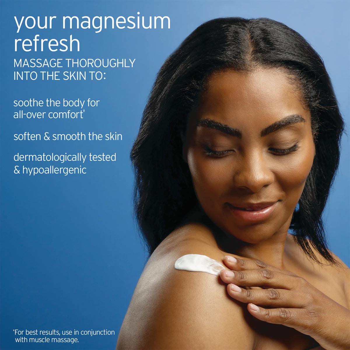 LFH086 | Woman applies magnesium lotion to her shoulder with text promoting skin comfort and smoothing benefits