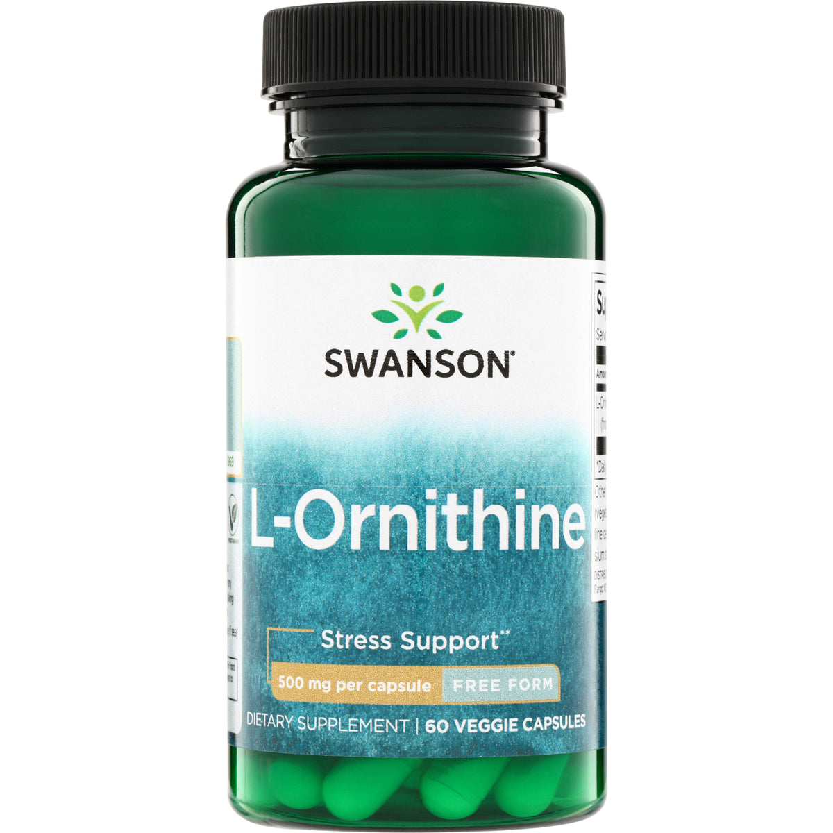 SW1238 | Swanson L-Ornithine 500 mg, Stress Support, Free Form, dietary supplement, 60 veggie capsules bottle