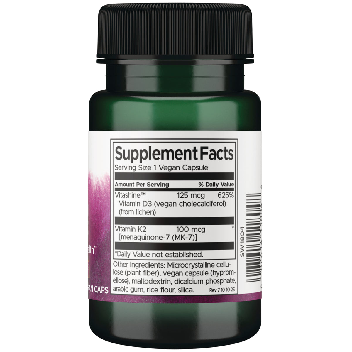 SW1804 | Back label with Supplement Facts panel: Serving Size 1 Vegan Capsule; Vitamin D3 125 mcg, Vitamin K2 100 mcg