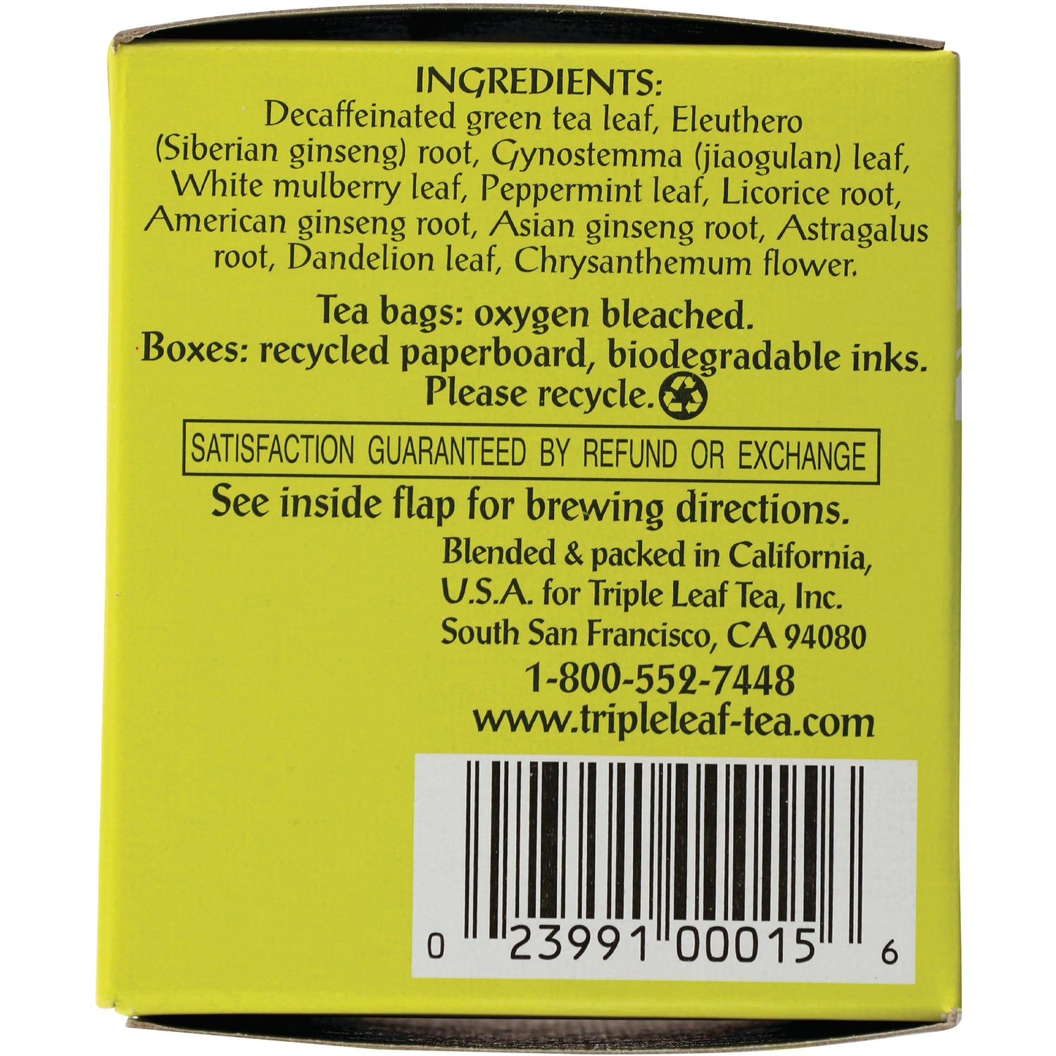 TLT010 | Back of Triple Leaf Tea box showing ingredients, recycling notes, guarantee, brewing directions, barcode