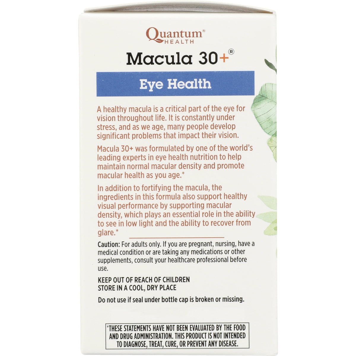 QU075 | back of Quantum Health Macula 30+ Eye Health box showing product description, caution, and storage instructions