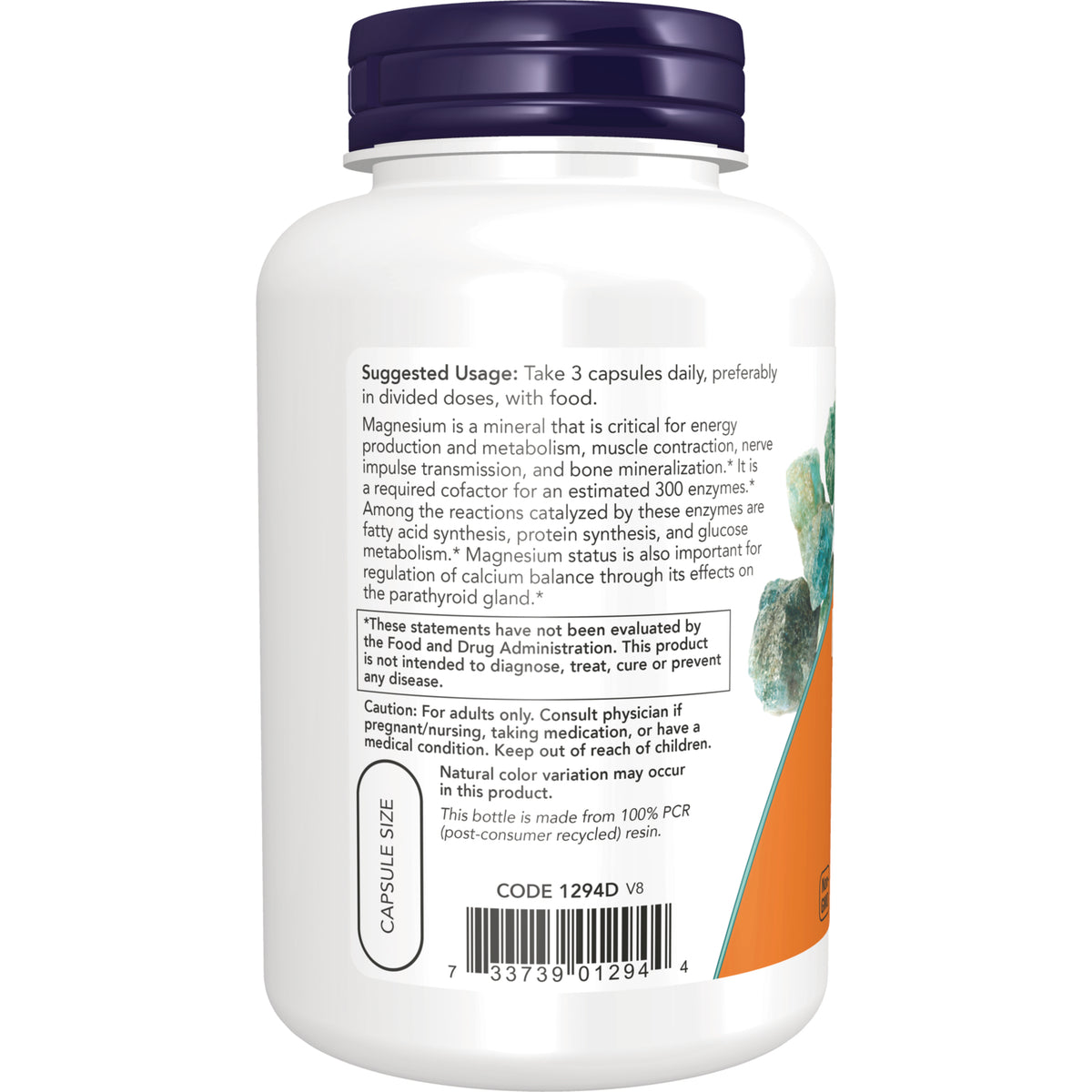 NWF1100 | back label of white supplement bottle showing suggested usage, caution, barcode and capsule size