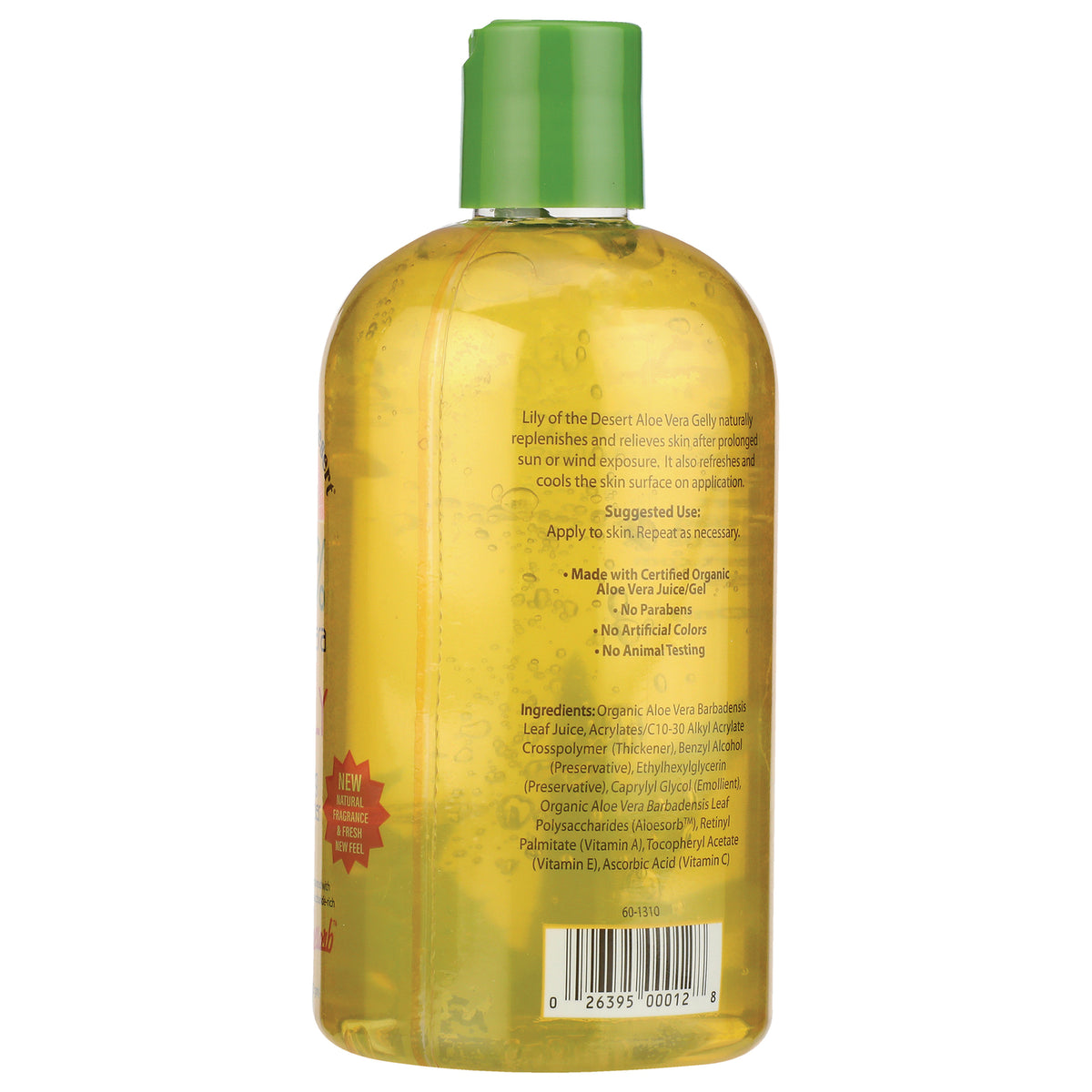 LIL030 | Back of clear yellow aloe vera gel bottle showing ingredients, suggested use, and barcode