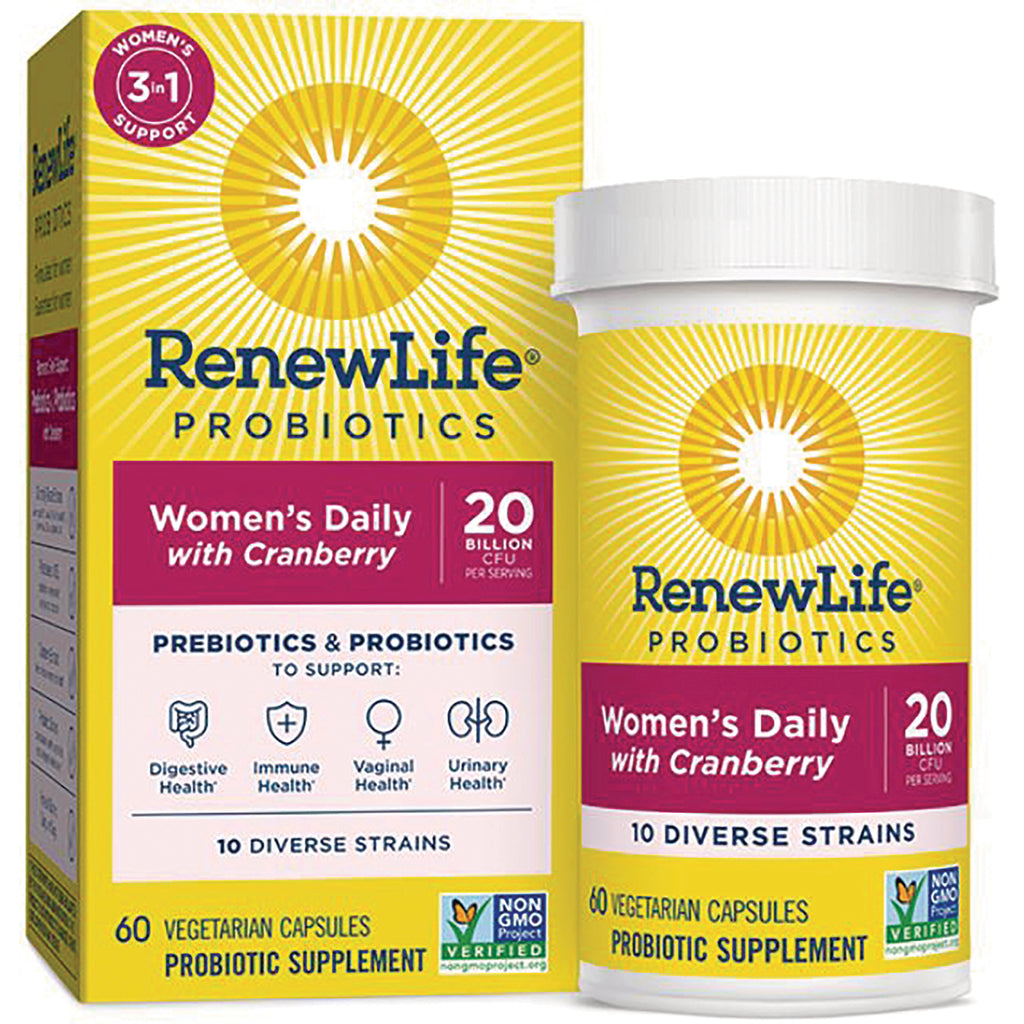 RNL214 | RenewLife Probiotics Women's Daily with Cranberry front packaging and bottle, 60 vegetarian capsules, 20 billion CFU - Thumbnail