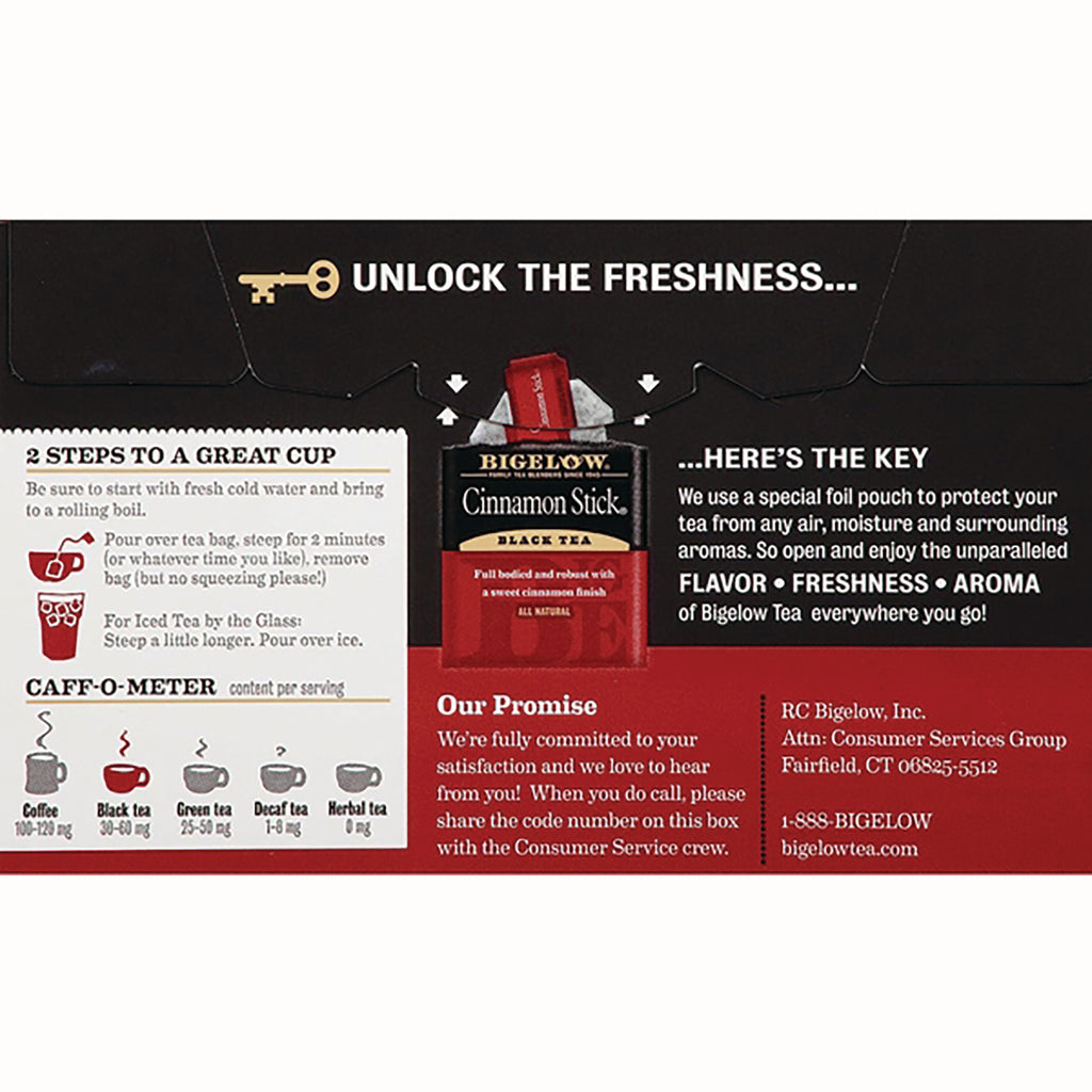 BGT004 | Back of Bigelow Cinnamon Stick black tea box showing brewing instructions, caff-o-meter and freshness pouch - Thumbnail