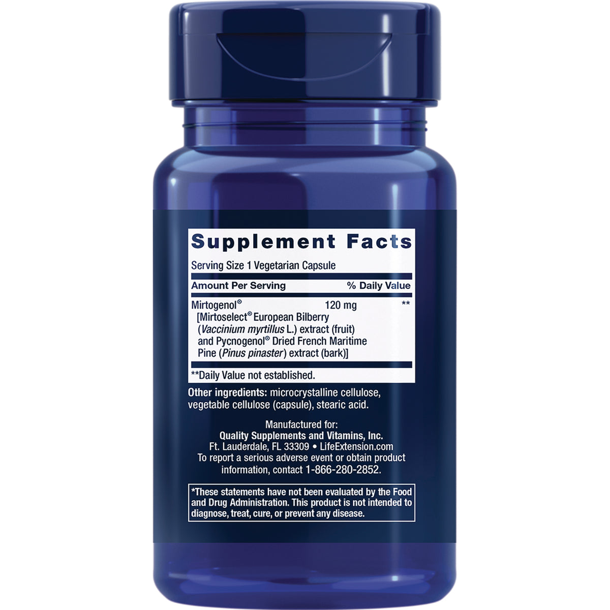 LE170 | Back label with Supplement Facts panel and ingredient list on blue supplement bottle