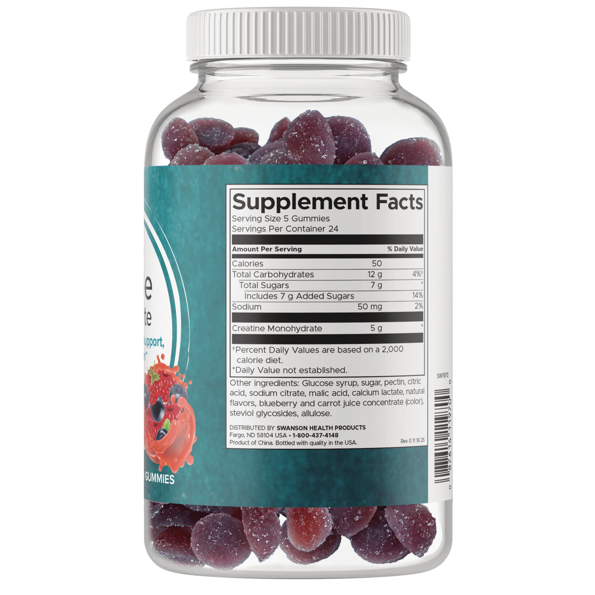 SW1970 | Supplement Facts panel with creatine monohydrate 5 g on gummy bottle back