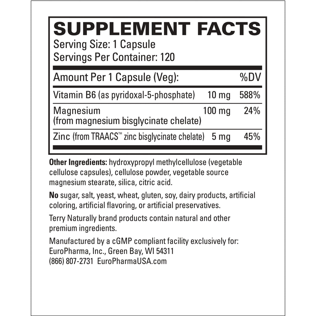 EUR034 | supplement facts panel listing serving size 1 capsule, Vitamin B6 10 mg, magnesium 100 mg, zinc 5 mg, other ingredients and manufacturer info - Thumbnail