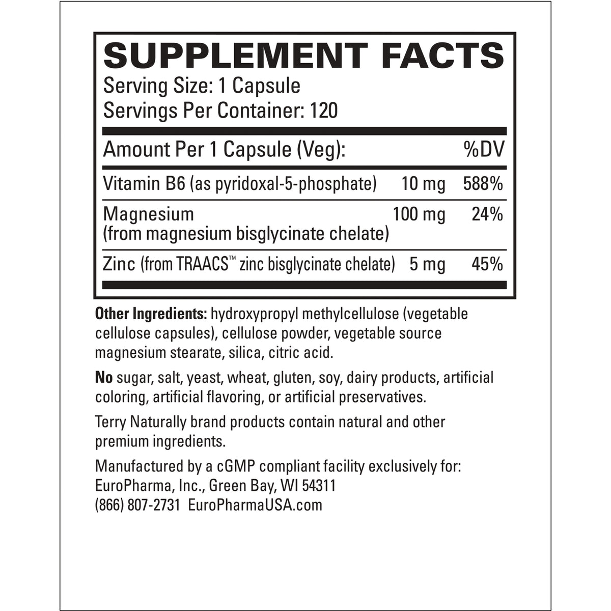 EUR034 | supplement facts panel listing serving size 1 capsule, Vitamin B6 10 mg, magnesium 100 mg, zinc 5 mg, other ingredients and manufacturer info