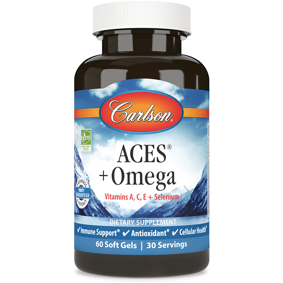 CSN320 | Carlson ACES + Omega supplement bottle front labeled Vitamins A, C, E + Selenium 60 Soft Gels