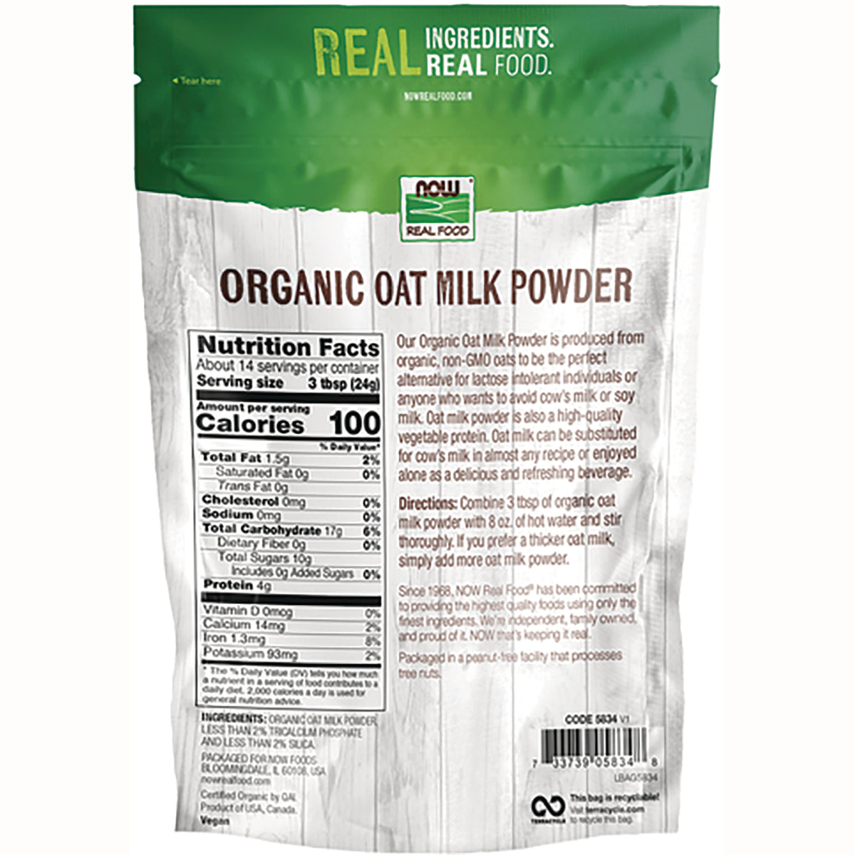 NWF1386 | Back of Organic Oat Milk Powder pouch showing Nutrition Facts panel, ingredients and preparation directions