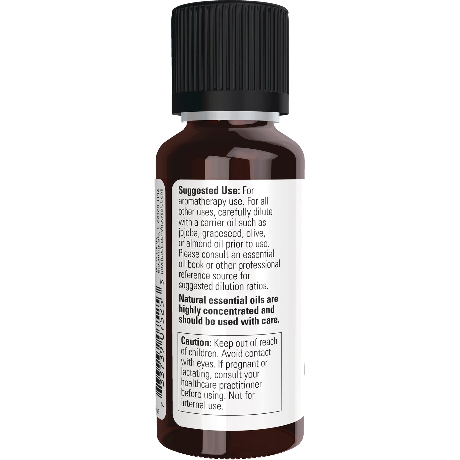 NWF296 | Back label of amber essential oil bottle showing suggested use and caution text