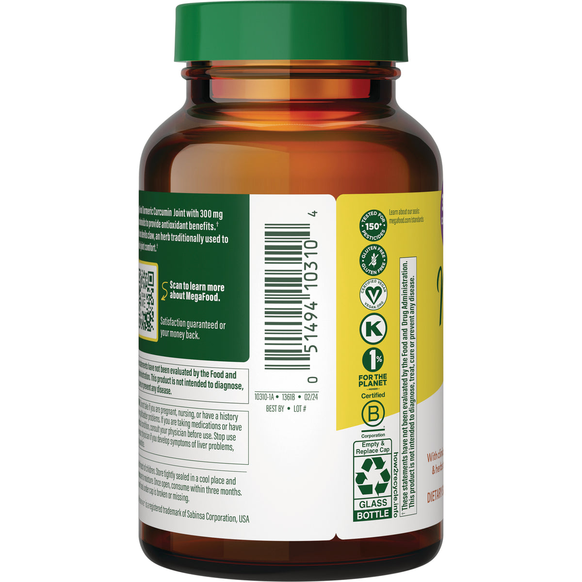MGF062 | Back label of amber supplement bottle showing barcode, certification icons, recycling symbol and small text
