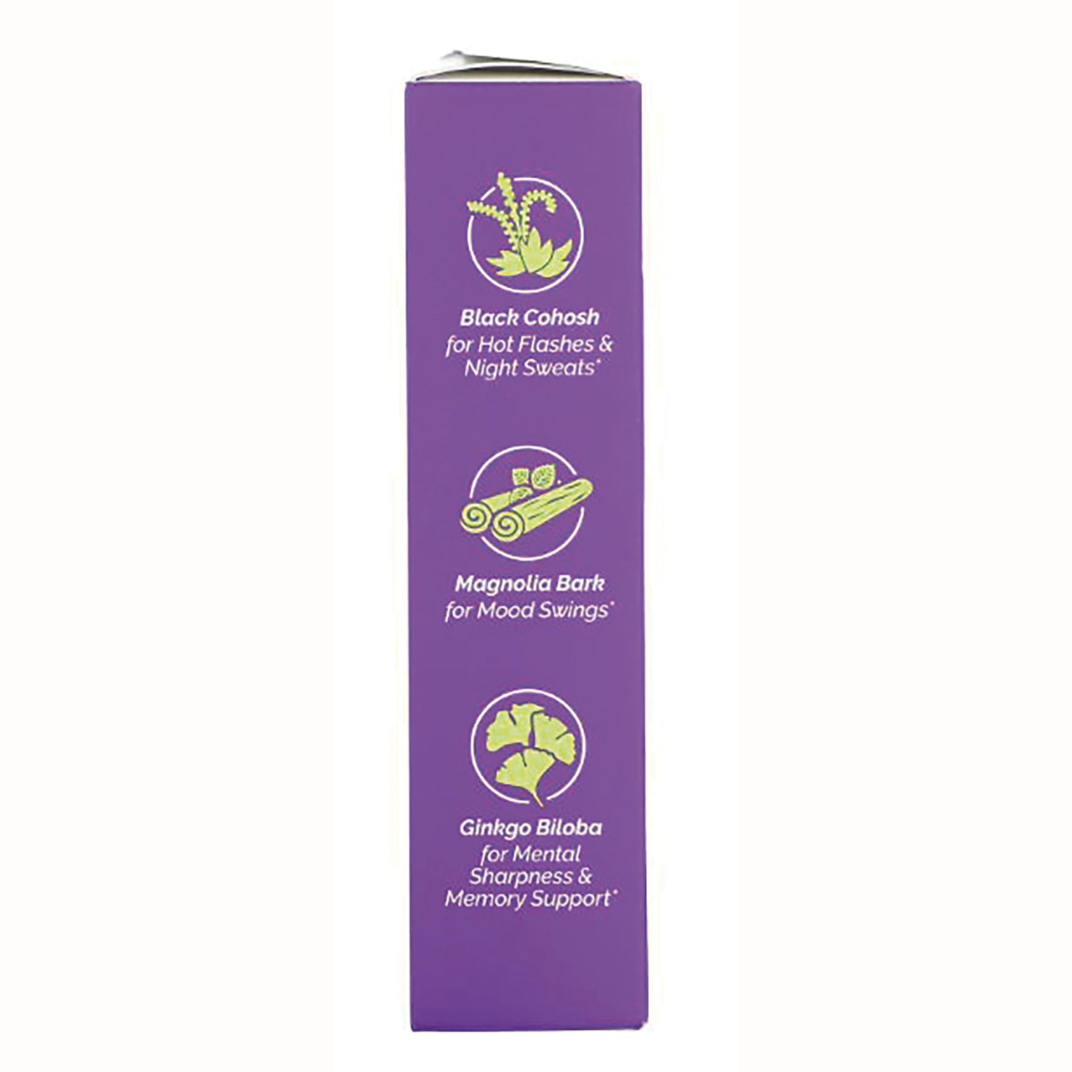 AFB005 | Side panel: Black Cohosh for hot flashes, Magnolia Bark for mood swings, Ginkgo Biloba for memory support