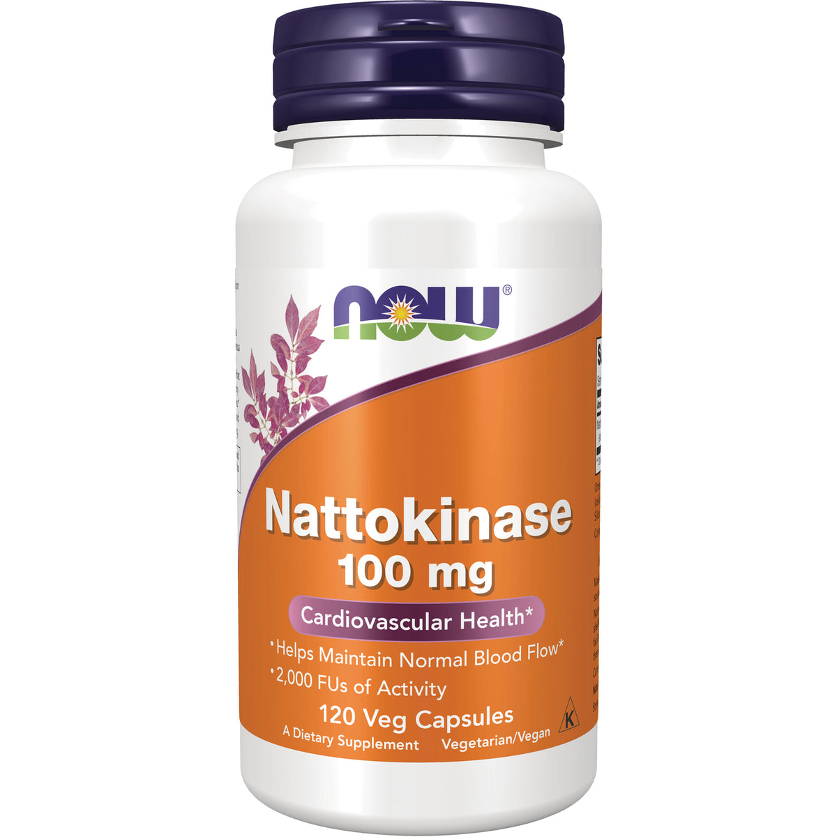 NWF137 | NOW Nattokinase 100 mg white bottle with orange label and purple cap, 120 Veg Capsules