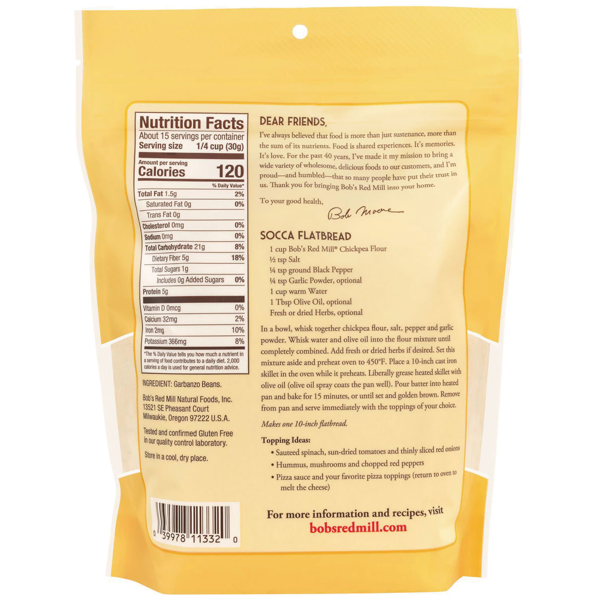 BOB447 | back of yellow bag showing nutrition facts panel, ingredient info, and socca flatbread recipe