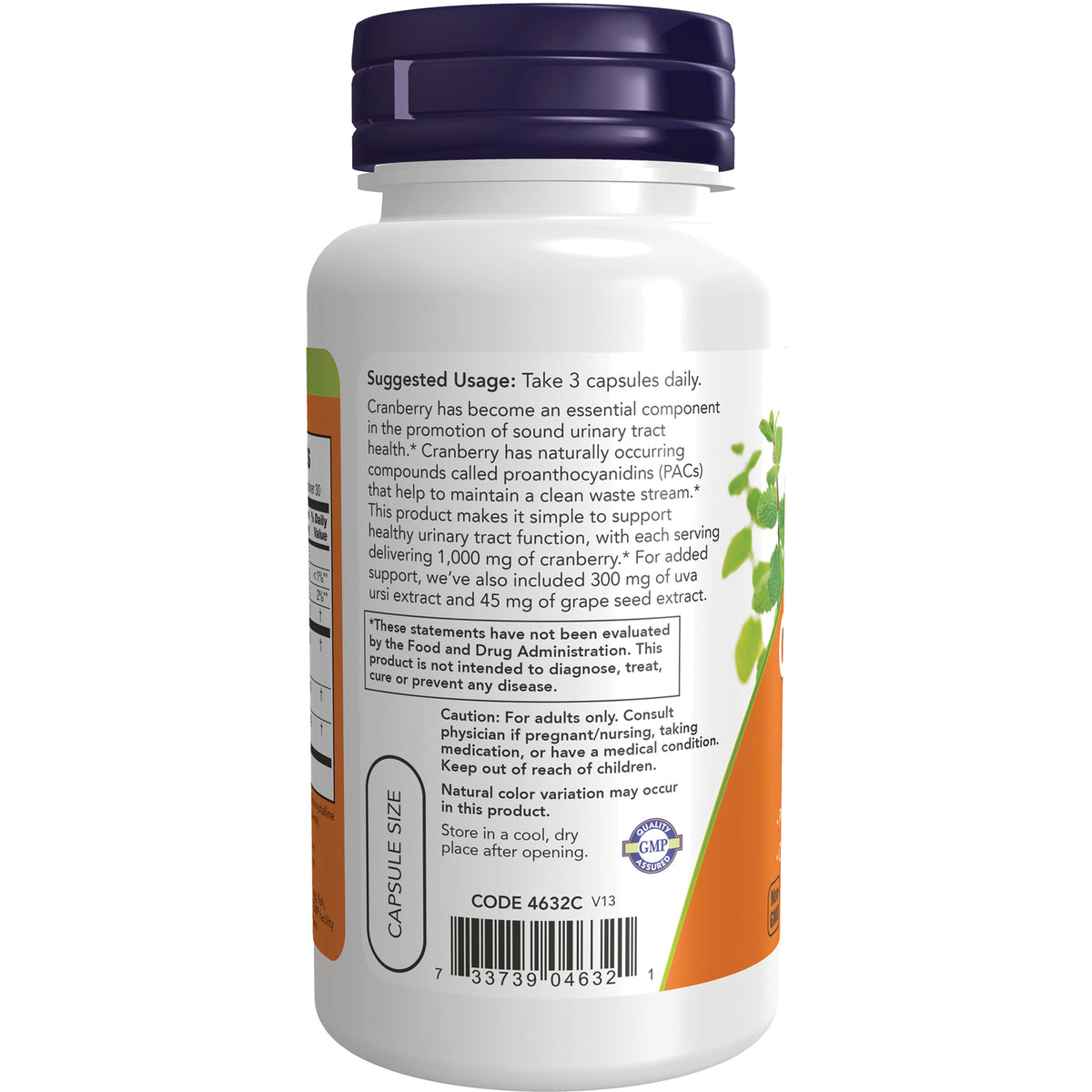 NWF469 | Back label of white supplement bottle showing suggested usage, cautions, barcode and capsule size