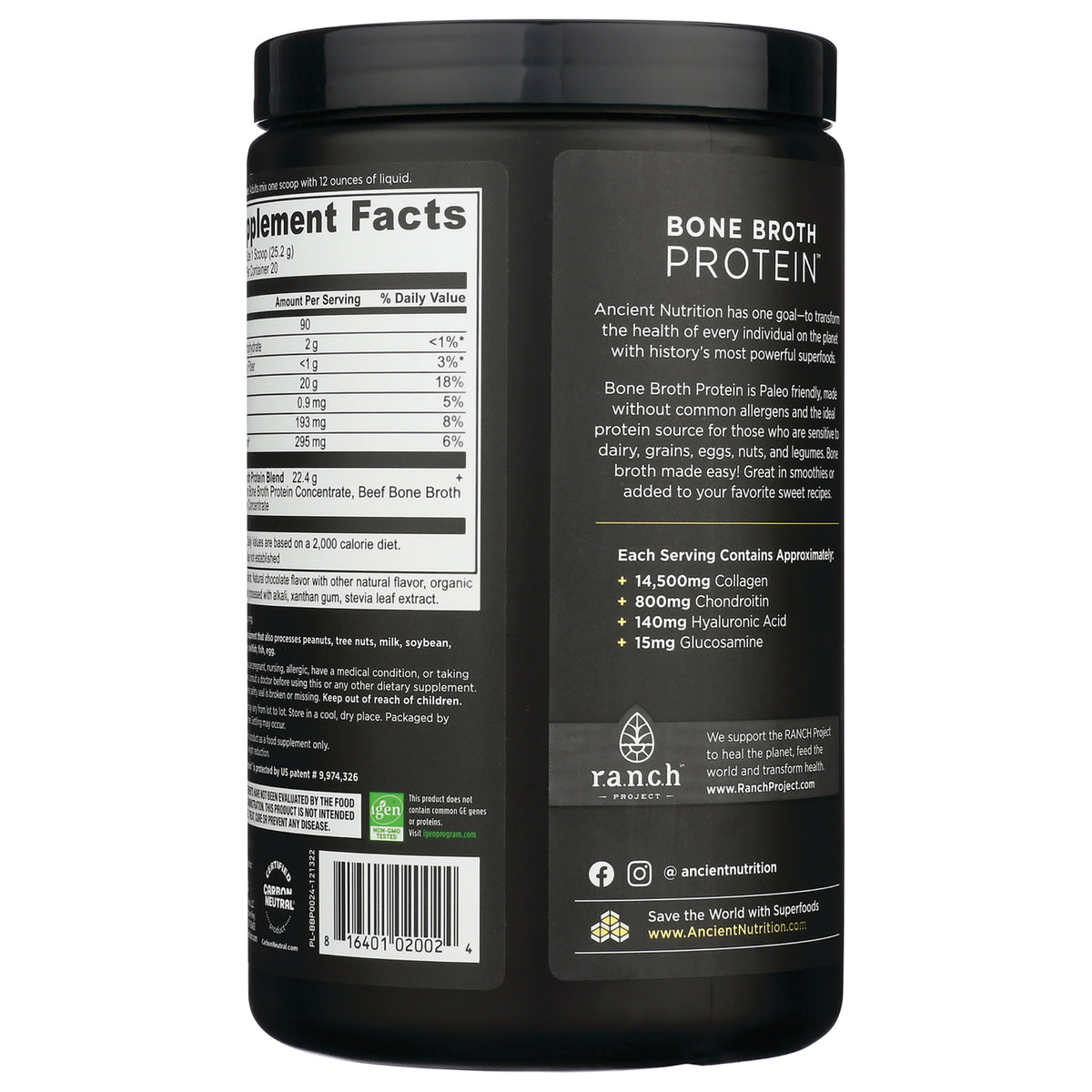 ATN003 | back label of Bone Broth Protein tub showing supplement facts and ingredient panel
