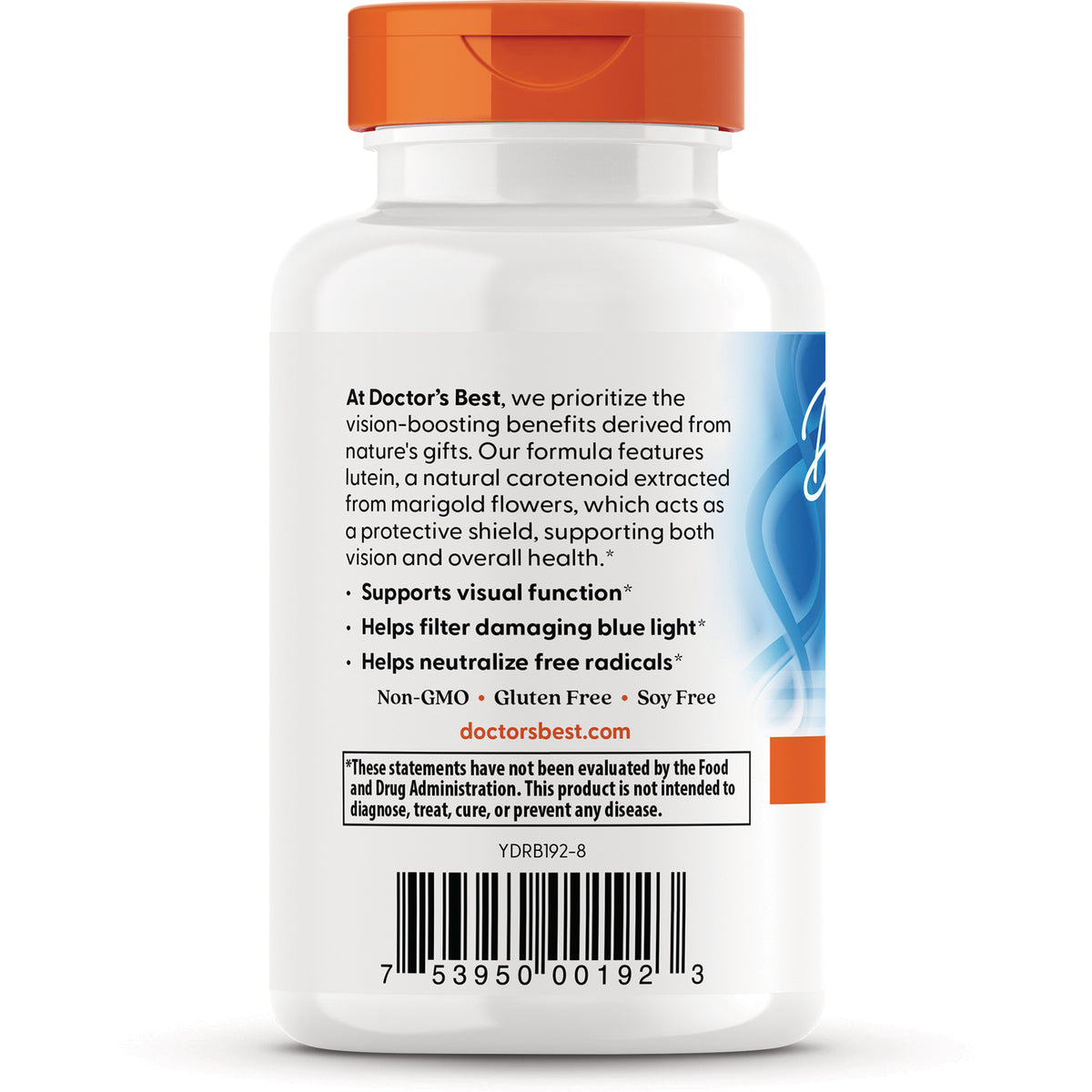 DB154 | Back label of white supplement bottle showing product benefits text, non-GMO icons and barcode
