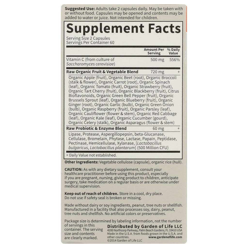 GLF146 | back panel with Supplement Facts, serving size, raw organic fruit & vegetable blend and caution text - Thumbnail