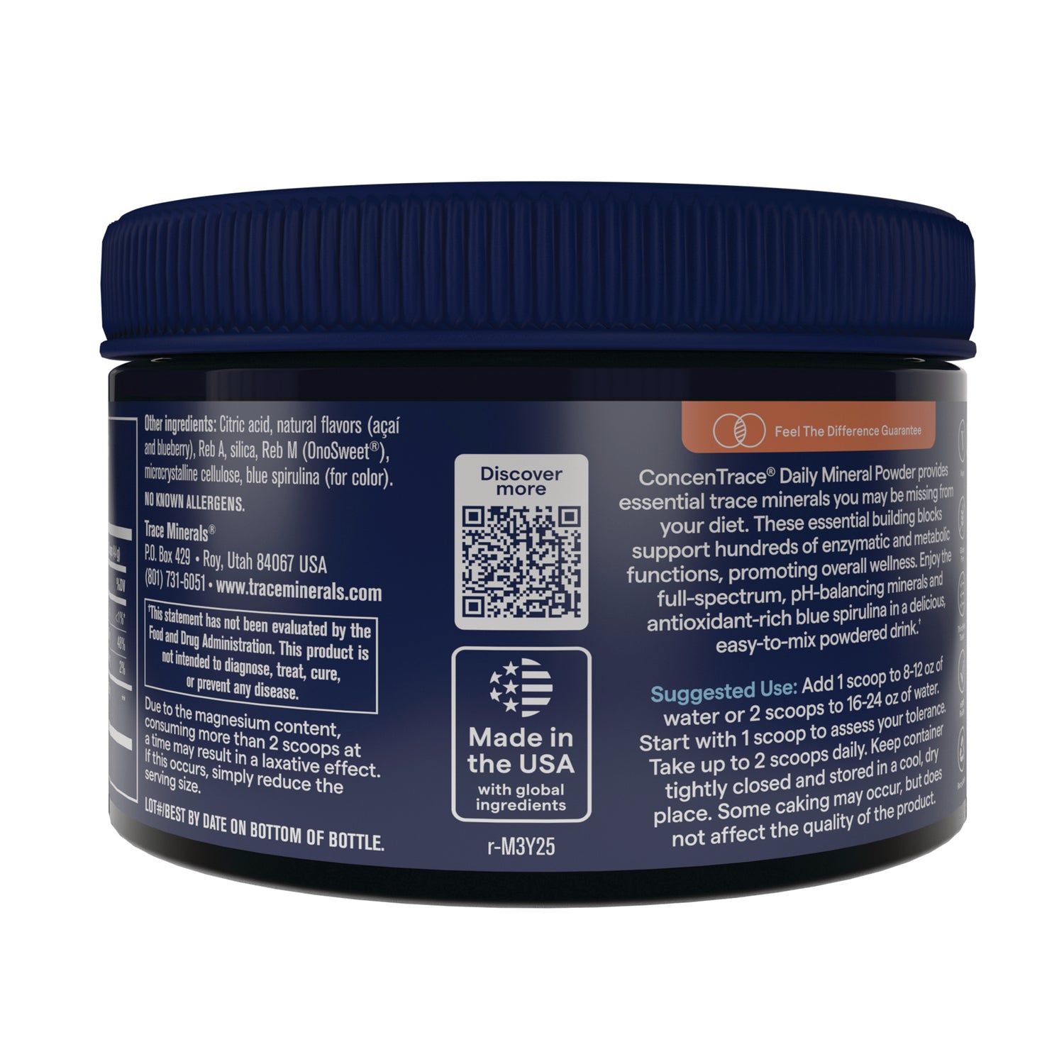 TM165 | Back label of mineral powder jar with QR code, Suggested Use and Made in the USA badge