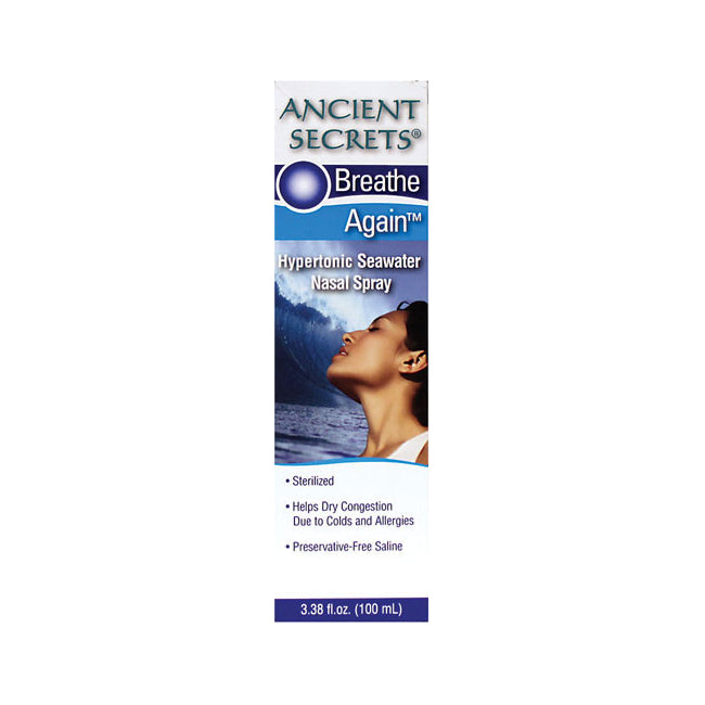 NRL007 | Ancient Secrets Breathe Again hypertonic seawater nasal spray front packaging with product name and benefits