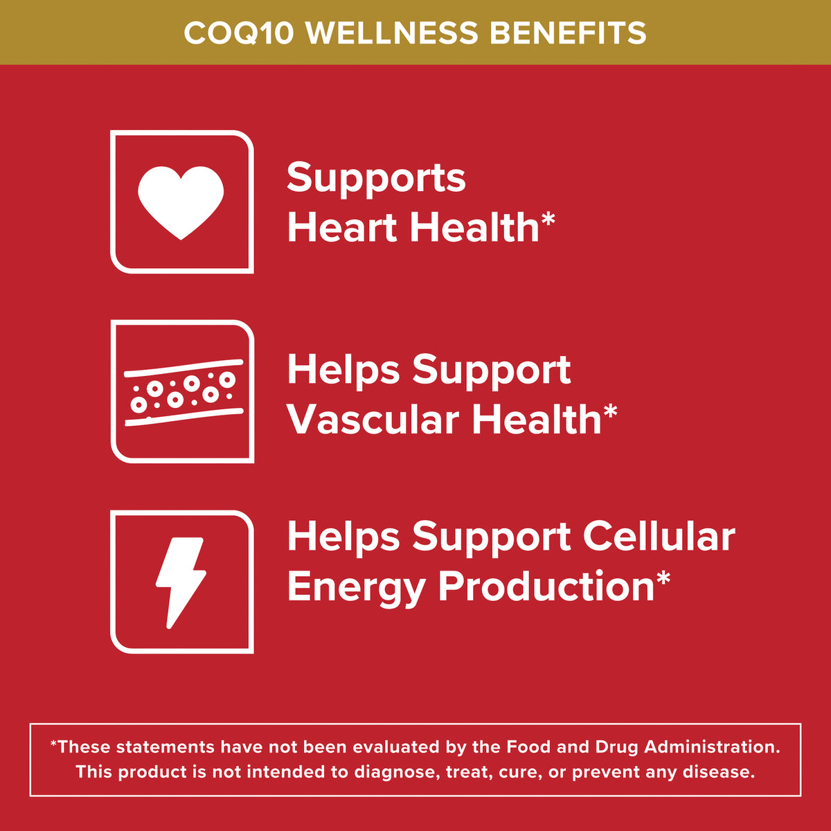 QNL016 | COQ10 wellness benefits infographic for heart health, vascular health, and cellular energy production