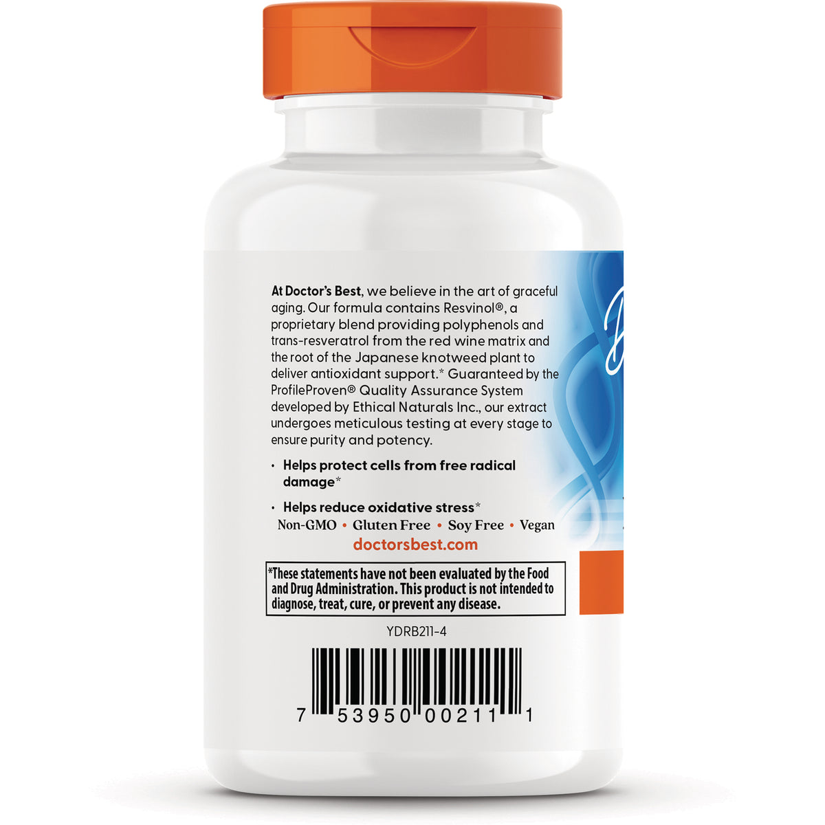 DB146 | back label of white supplement bottle with orange cap showing product claims, bullet points, caution box and barcode