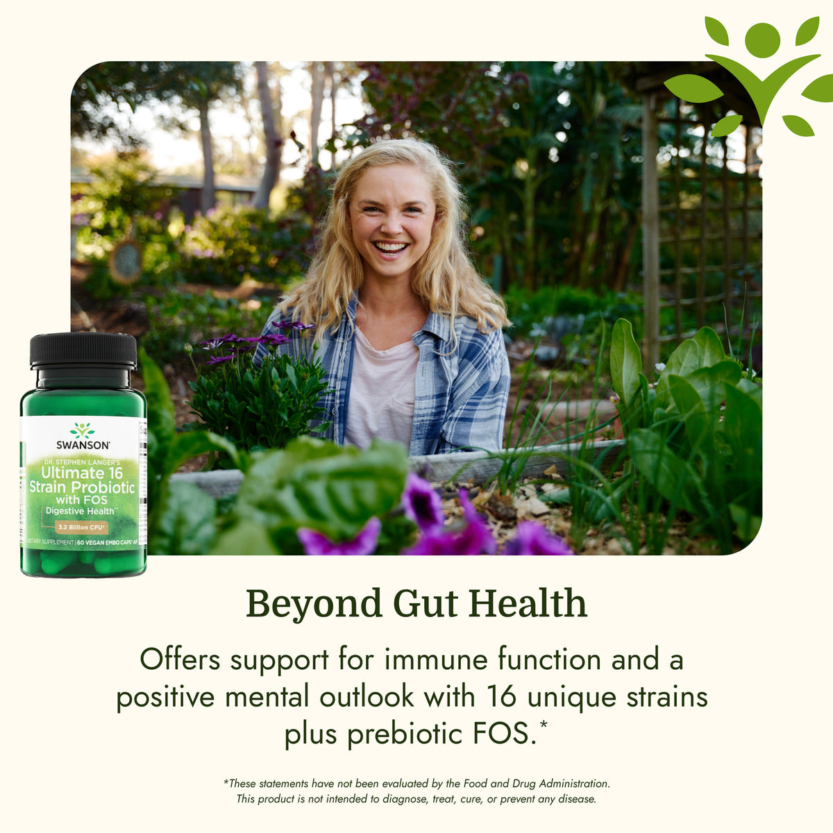 SWA051 | Probiotic bottle with smiling woman and beyond gut offers immune support text