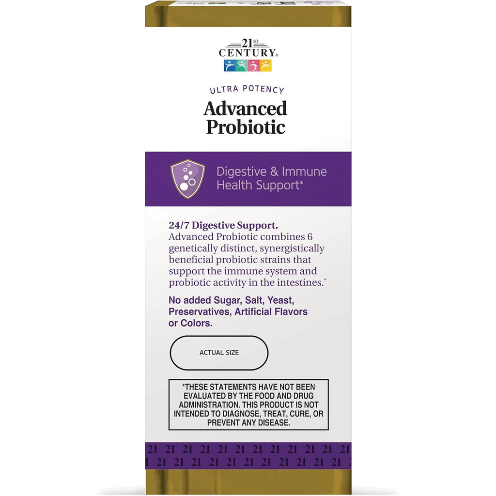 CNT285 | Back of 21st Century Advanced Probiotic box showing Digestive & Immune Health Support, 24/7 Digestive Support, actual size oval and FDA disclaimer - Thumbnail