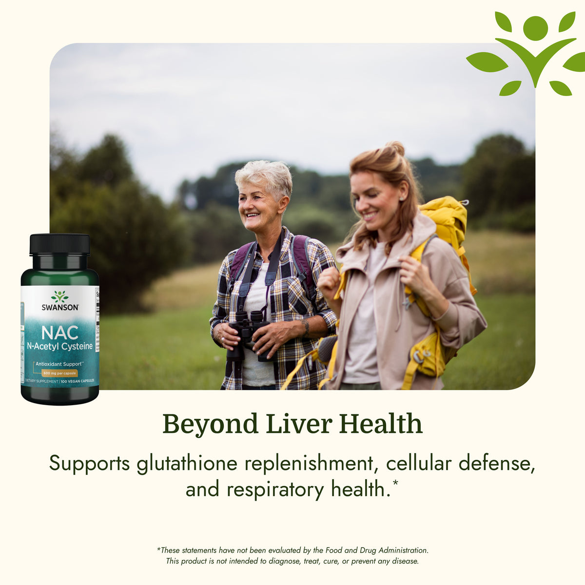 SW854 | Woman smiling and holding a Swanson NAC supplement bottle outdoors