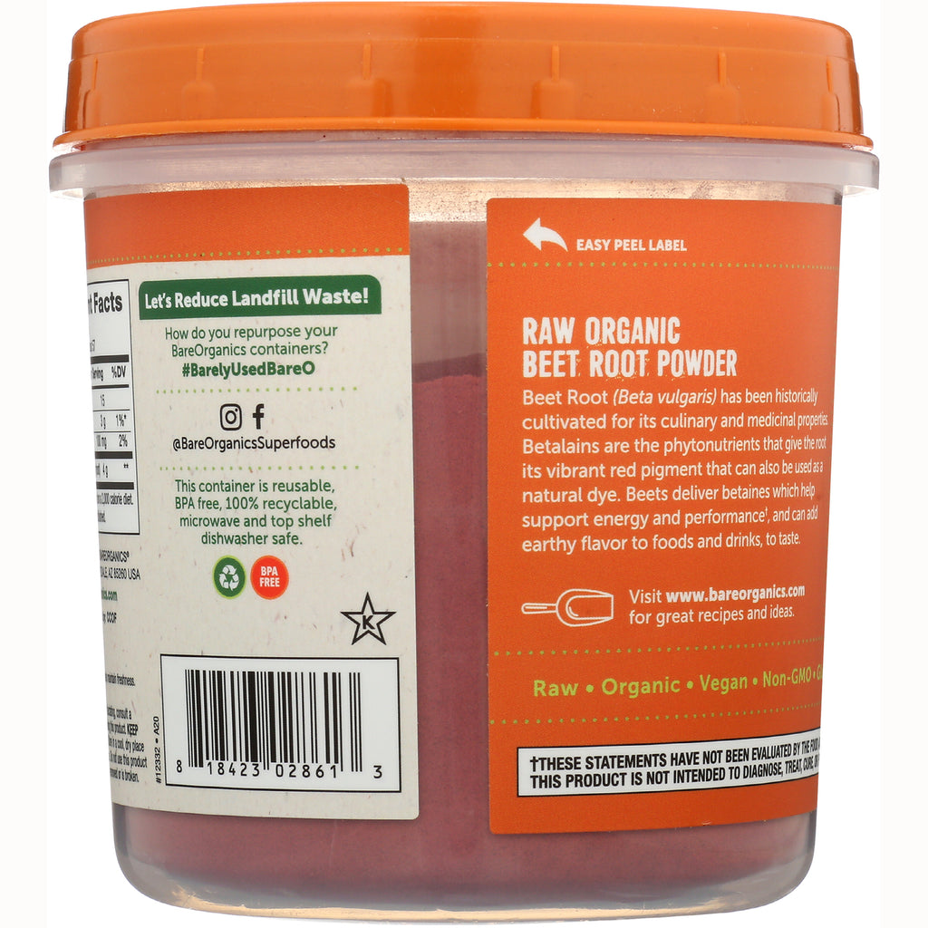 BOR002 | Raw Organic Beet Root Powder product infographic label showing benefits, reuse instructions and barcode - Thumbnail