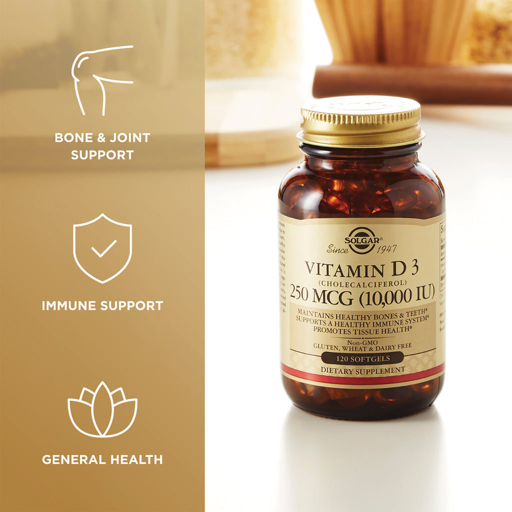 SLG310 | amber bottle of Solgar Vitamin D3 250 mcg (10,000 IU) 120 softgels with left-side icons for bone, immune, and general health - Thumbnail