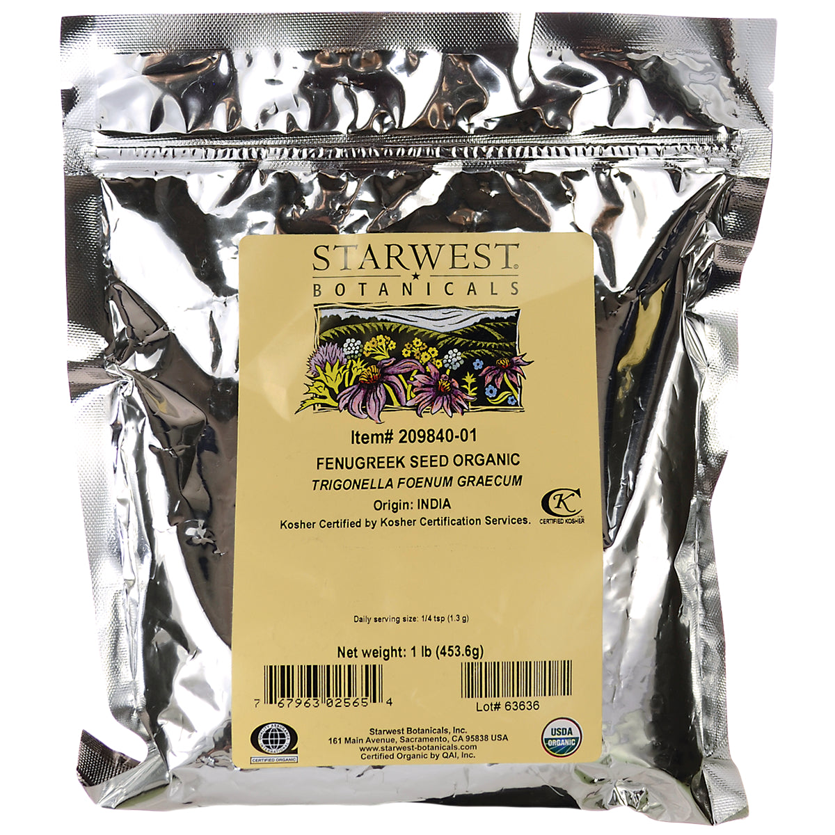 STB022 | Starwest Botanicals Fenugreek Seed Organic, 1 lb resealable bag