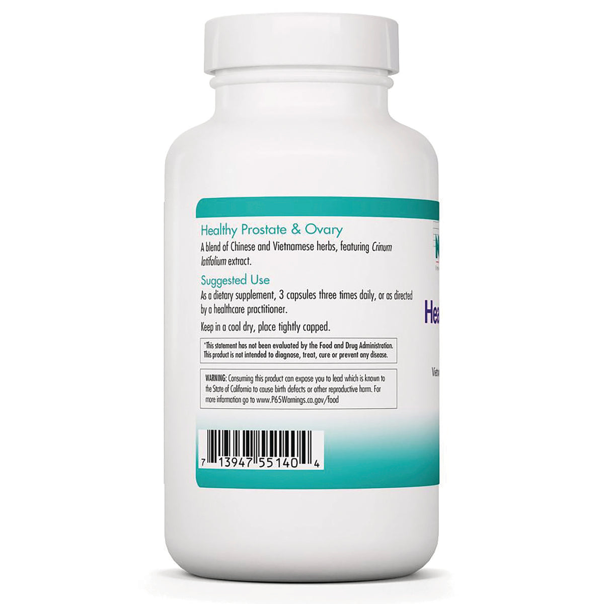 NCL052 | Back label of white supplement bottle showing Healthy Prostate & Ovary suggested use text, warning box and barcode