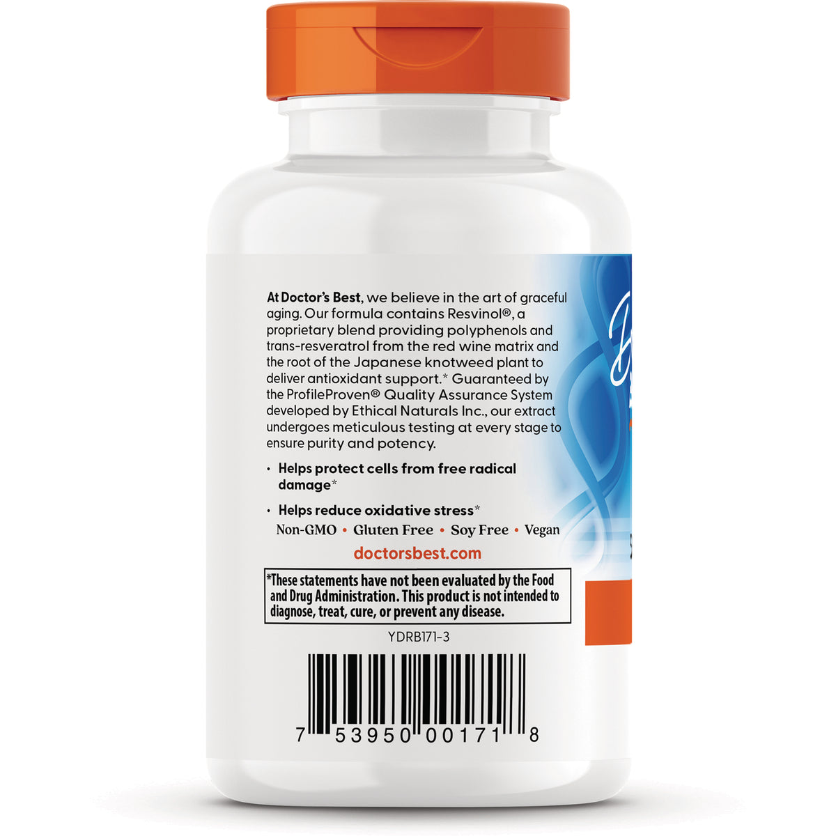 DB094 | back of white supplement bottle showing label text and claims, doctorsbest.com and barcode