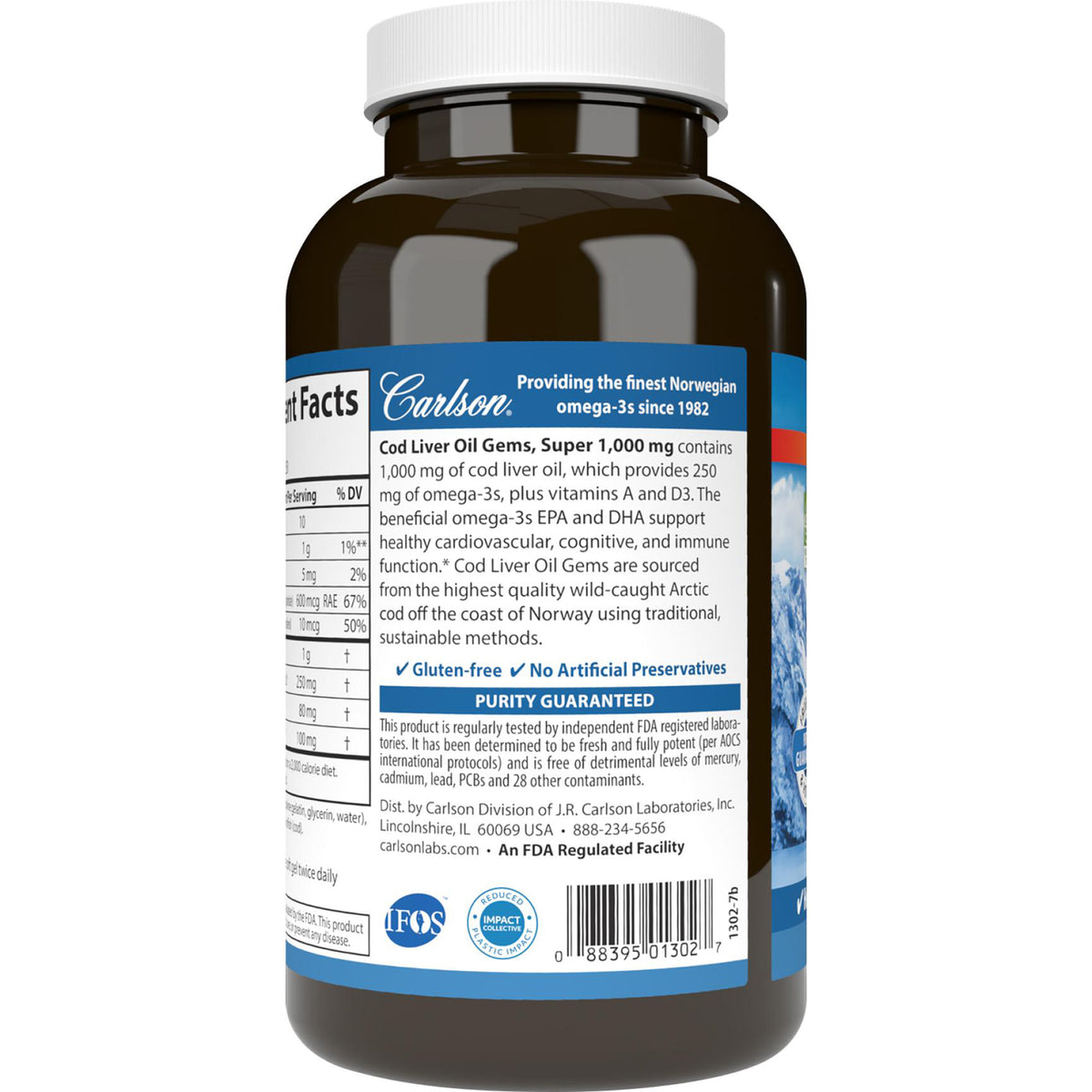 CSN020 | Carlson Cod Liver Oil soft gels supplement facts label showing omega-3s, vitamins A and D