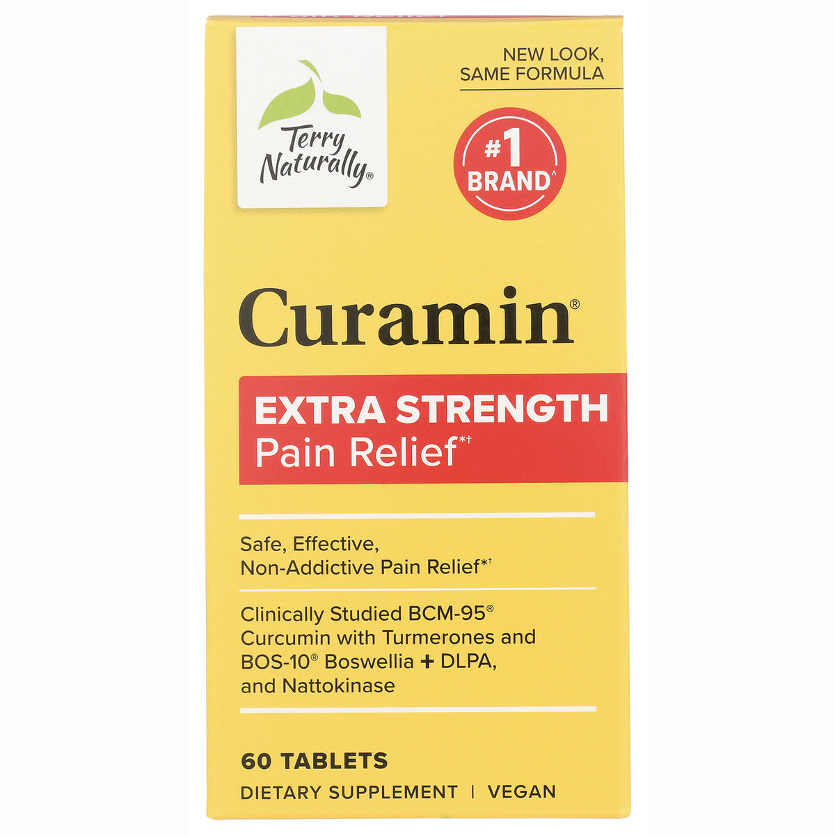 EUR053 | Curamin extra strength pain relief box with 60 tablets, yellow Terry Naturally packaging, vegan dietary supplement