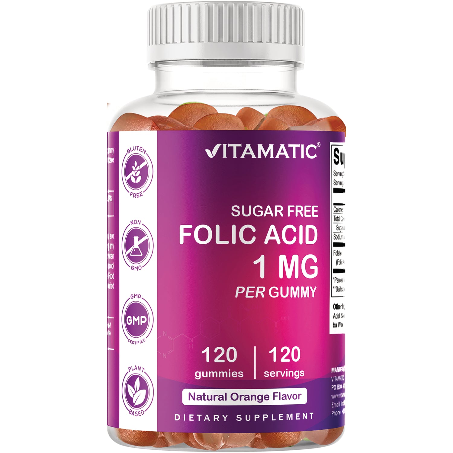 VAM019 | Vitamatic Sugar Free Folic Acid 1 mg per gummy, 120 gummies, Natural Orange Flavor bottle front