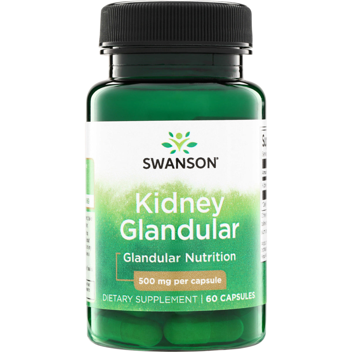 SW1225 | Swanson Kidney Glandular supplement bottle, 500 mg per capsule, 60 capsules