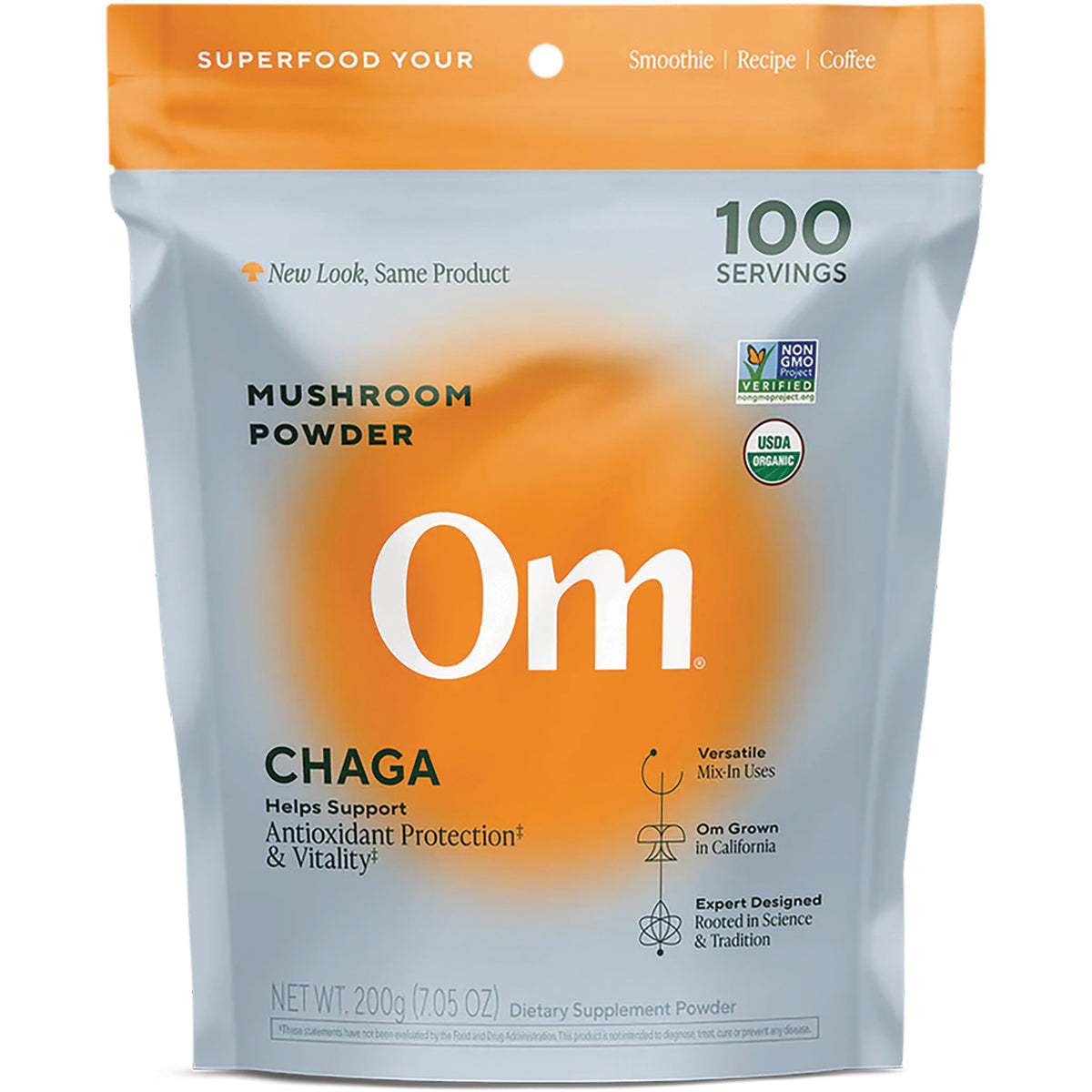 MMX043 | Om Chaga certified organic mushroom powder pouch front packaging showing brand, product name, and certifications